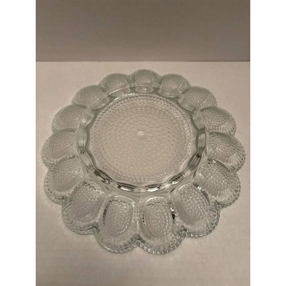 Vintage Clear Pressed Glass Hobnail Deviled Egg Platter 15 Slot Serving Tray 11